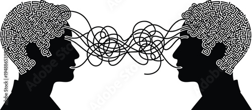 Abstract black and white vector graphic illustration symbolizing complex communication and tangled thought processes between two profiles