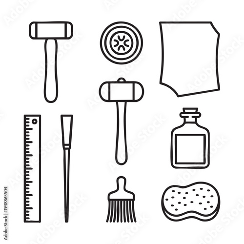 Set of black and white line tools including a ruler, brush, bottle, and sponge