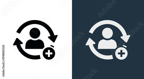 Circular user profile icon with arrows and plus sign on contrasting backgrounds.
