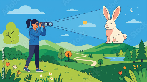 Young girl with binoculars observing a large white rabbit on a distant green hill in a vibrant outdoor landscape vector illustration