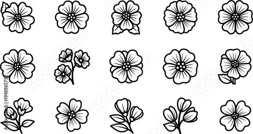 Black and white line of various flowers line floral botanical simple