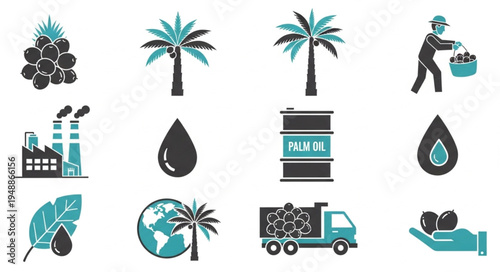 Palm Oil Production Icons - Harvesting, Processing, and Environmental Impact.
