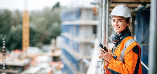 The Construction Worker in Hard Hat Smiling on Active Building Site