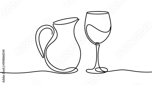 minimalist continuous line drawing of wine glass and jug beverage drink concept simple outline vector illustration isolated
