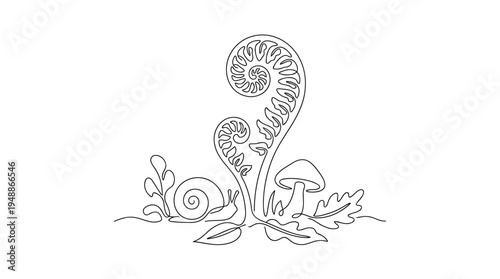 Fern Leaf Curling Continuous Single Line Minimalist Forest Nature Line Art Illustration