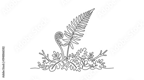 Fern Leaf Curling Continuous Single Line Minimalist Forest Nature Line Art Illustration