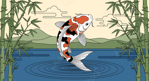 Graceful Koi Fish Leaping from a Serene Pond with Bamboo Stalks in a Japanese Garden.