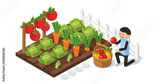 A happy man kneeling and gently holding a red apple in his hand, beside a basket in an isometric organic vegetable garden with growing carrots, tomatoes, and cabbage, on a bright background.