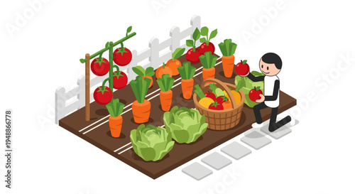 A man kneeling and happily looking at a red apple in his hand, beside a basket in an isometric organic vegetable garden with growing carrots, tomatoes, and cabbage, on a bright background.