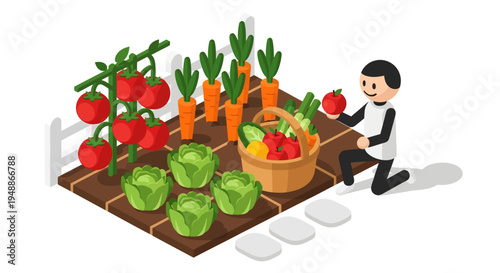 A happy man kneeling and harvesting a red apple into a basket in an isometric organic vegetable garden with carrots, tomatoes, and cabbage, on a bright background.
