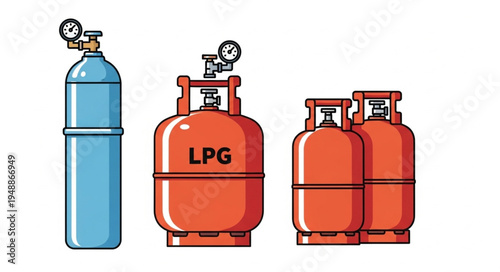 Illustration of Various Gas Cylinders for Industrial and Domestic Use.