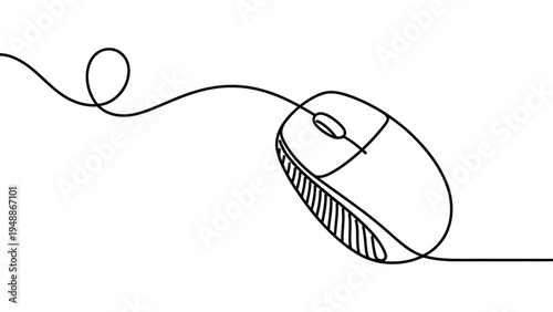 minimalist continuous line drawing of computer mouse technology device wired input tool simple outline vector illustration isolated
