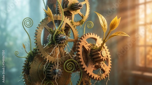 Intricate steampunk gears intertwined with vibrant green vines and a budding plant, symbolizing nature's resilience and growth.
