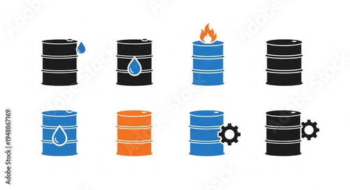 Oil Barrel Icons - Industry, Energy, and Environmental Concepts.