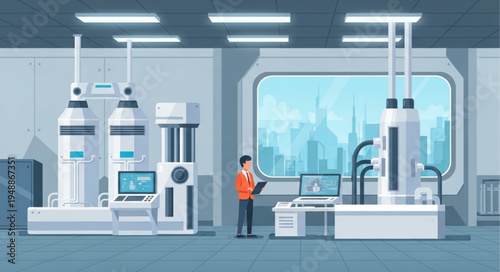 Scientist working in futuristic laboratory with advanced equipment.