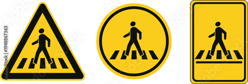 Pedestrian crossing traffic sign collection with walking person symbol vector illustration for road safety, street navigation and warning signage