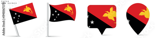 Papua New Guinea flag icons set including waving flag on pole, rectangular location marker and map pin shape. National symbol isolated on white background for travel and geography themes.