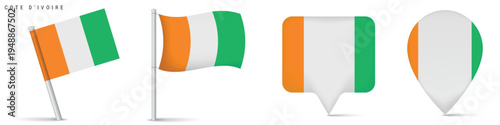 Cote dIvoire flag icons set featuring waving flag on pole, rectangular location marker and map pin shape. National symbol isolated on white background for travel and geography design.