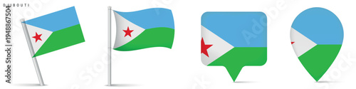 Set of Djibouti flag icons with waving flag on pole, rectangular location marker and map pin icon. National symbol isolated on white background for travel and geography graphics.