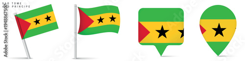 Set of Sao Tome and Principe flag icons including waving flag on pole, rectangular location marker and map pin symbol. National emblem isolated on white background for travel and geography design.