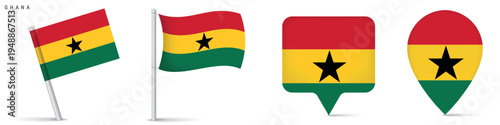 Set of Ghana flag icons including waving flag on pole, rectangular location marker and map pin icon. National symbol isolated on white background for travel and geography graphics.