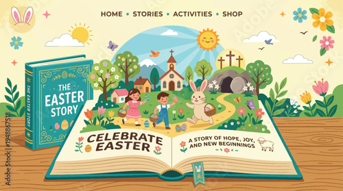 Vibrant Easter Storybook Illustration with Children, Bunny, Church, and Empty Tomb for Christian Holiday Celebrations and Spring Marketing