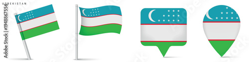 Set of Uzbekistan flag icons featuring waving flag on pole, rectangular location marker and map pin icon. National symbol isolated on white background for travel and geography themes.