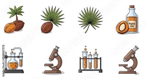 Illustration of Palm Oil Production and Scientific Analysis with Laboratory Equipment.
