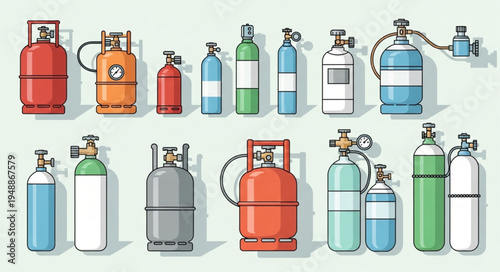 Diverse Collection of Gas Cylinders and Tanks for Industrial Applications.
