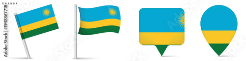 Free Download Set of Rwanda flag icons including waving flag on pole, rectangular location marker and map pin icon. National symbol isolated on white background for travel and geography graphics. - GFXLoad