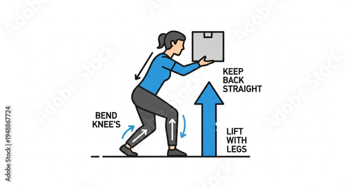 Woman lifting heavy box with proper technique illustration.