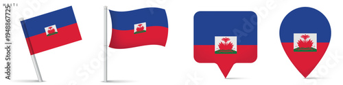 Haiti flag icons set featuring waving flag on pole, rectangular location marker and map pin symbol. National emblem isolated on white background for travel and geography design.
