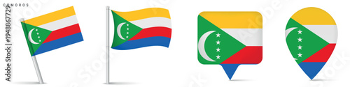 Free Download Set of Comoros flag icons including waving flag on pole, rectangular location marker and map pin icon. National symbol isolated on white background for travel and geography themes. - GFXLoad