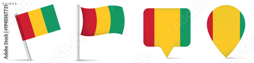 Guinea flag icon collection featuring waving flag on pole, rectangular location marker and map pin symbol. National emblem isolated on white background for travel and geography themes.