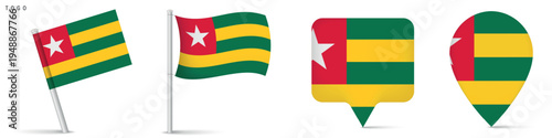 Togo flag icon collection including waving flag on pole, rectangular location marker and map pin shape. National symbol isolated on white background for travel and geography themes.