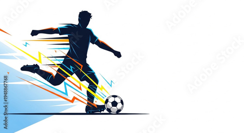 Silhouette Soccer Player Kicking Ball Dynamic Motion Lines.