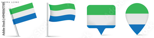 Free Download Collection of Sierra Leone flag icons featuring waving flag on pole, rectangular location marker and map pin icon. National symbol isolated on white background for travel and geography design. - GFXLoad