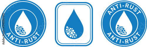 Anti rust protection label set with water drop and corrosion particles vector illustration for metal protection and industrial packaging