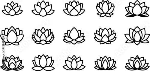 Black line of lotus flowers on white symbol line black and white minimalist