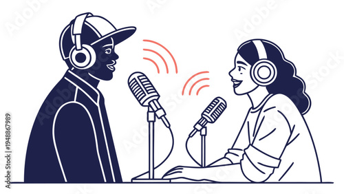 Two people recording a podcast with microphones and headphones in a creative studio setting