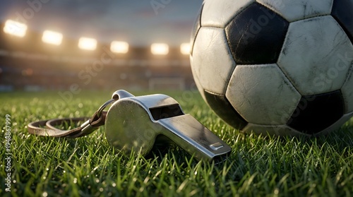 Referee whistle and soccer ball on football field grass. Sports officiating concept for football rules, match control and referee decisions.