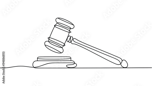 minimalist continuous line drawing of judge gavel on sound block legal justice concept courtroom law symbol outline vector illustration