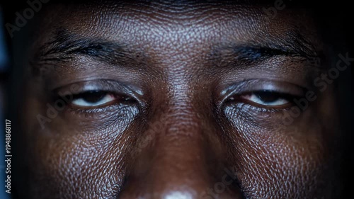 Close-up of a man's exhausted, bloodshot eyes, blinking slowly in darkness.