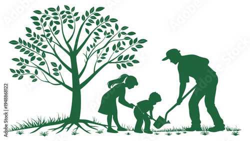 Family planting tree together outdoors in green silhouette eco friendly environment concept
