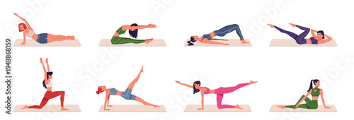 Set of women in various poses doing yoga on the mat. Pilates. Modern flat cartoon illustration isolated on white background