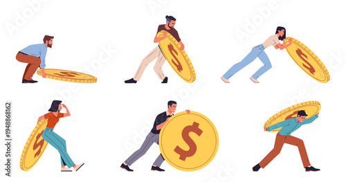 Set of businessmen lifting, pushing and holding dollar coins. Modern flat cartoon illustration isolated on white background