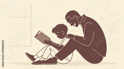 Parent and child reading together sitting on floor in warm beige room with window and plants