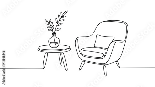 minimal armchair and side table with plant continuous line art modern living room furniture interior design concept minimalist illustration