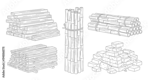 Construction Material Vector Illustration Set: Stacks of Lumber Wood Planks, Bundled Bamboo Poles, and Pile of Bricks for Building and Industrial Design