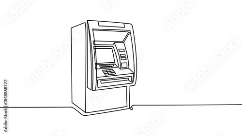 minimal atm machine continuous line art banking concept cash withdrawal kiosk outline financial technology minimalist illustration